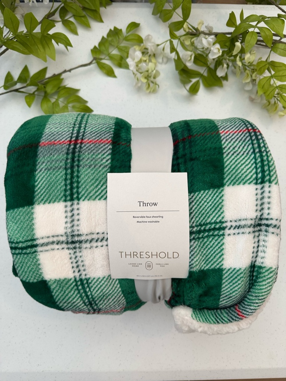 Threshold Green and White Plaid Fleece Throw